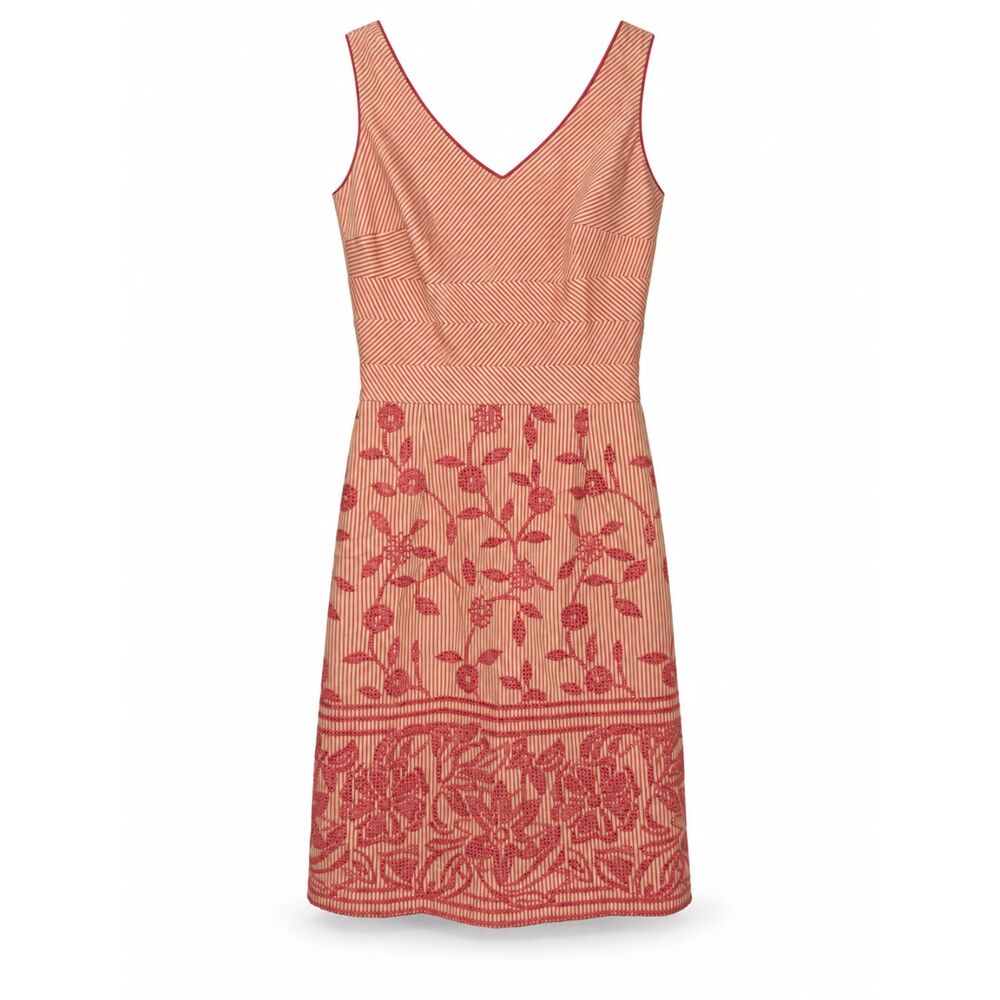Kay Unger New York Size 2 Coral Stripe Embroidered Cotton Sheath Dress